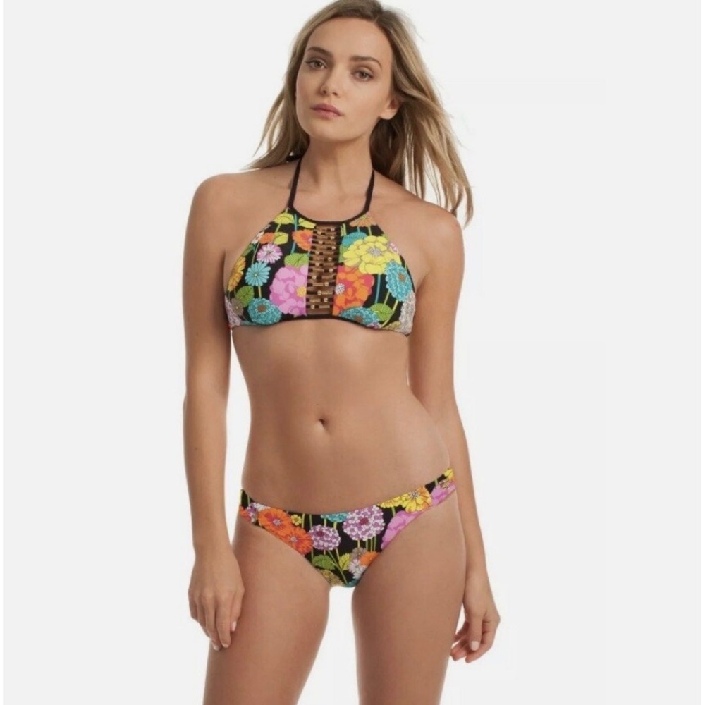 Trina Turk Floral High Neck Halter Bikini Set Gold Hardware Black Multi 4/6